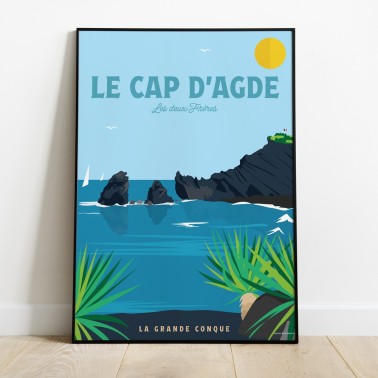 Affiche du Cap d'Agde, roches des 2 frères vus depuis la falaise noire de la Grande Conque par Mistral et Tramontane