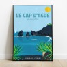 Affiche du Cap d'Agde, roches des 2 frères vus depuis la falaise noire de la Grande Conque par Mistral et Tramontane