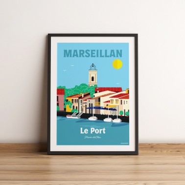 Affiche de Marseillan avec une vue du port de plaisance et du clocher. Des couleurs vives pour ce poster de Marseillan ville.