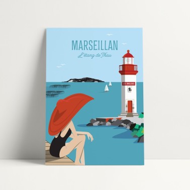 Carte postale, graphique et moderne de Marseillan et le phare des Onglous en bordure de l'Etang de Thau.