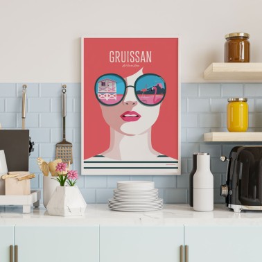 Affiche de Gruissan, les cabanes et les flamants roses par Mistral et Tramontane. Une ambiance graphique et moderne.