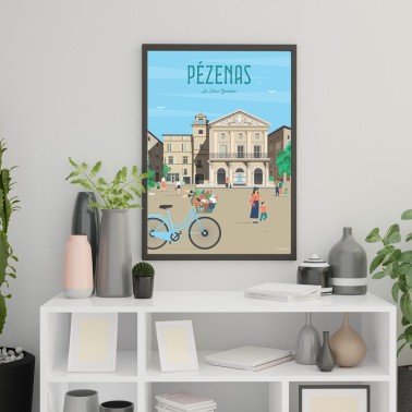 Belle affiche colorée de la place Gambetta à Pézenas.