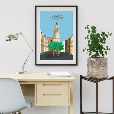 Affiche de Pézenas le village et sa place à l'ombre des platanes.