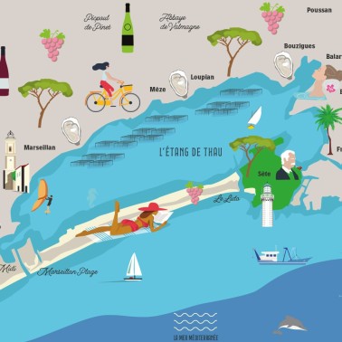 Affiche de l'Etang de Thau, la carte colorée.