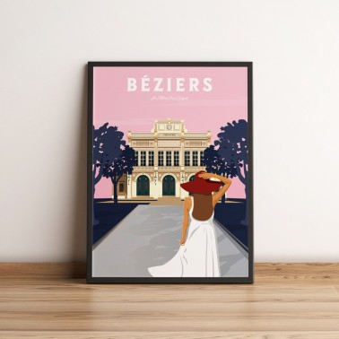 Affiche de Béziers, belle illustration colorée des Allées Paul Riquet.