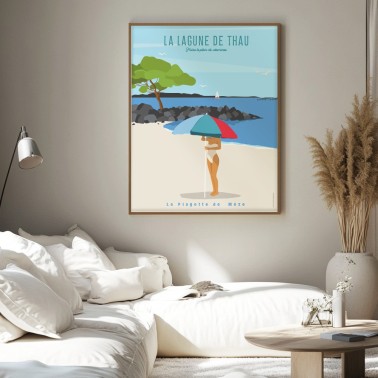 Affiche de Mèze et sa plagette sur les bords de l'étang de Thau, imprimée en France.