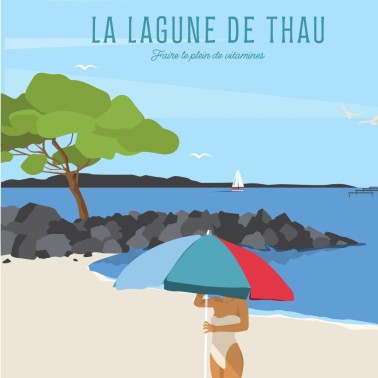 Affiche de Mèze et sa plagette sur les bords de l'étang de Thau, imprimée en France.