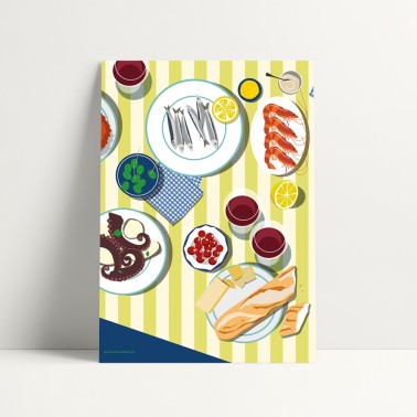 Une belle table d'apéro illustrée par Mistral et Tramontane. Dominance de couleurs vives : jaune, bleu, rouge.