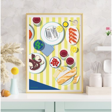 Une belle table d'apéro illustrée par Mistral et Tramontane. Dominance de couleurs vives : jaune, bleu, rouge.
