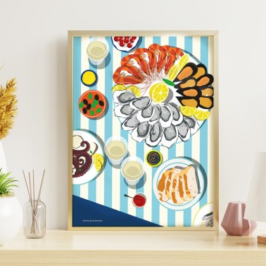 Affiche illustrée d'une table d'apéro plateau de coquillages,  imprimée en France.