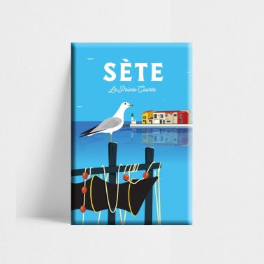 Magnet Sète, la pointe courte. Belle illustration bleue avec une mouette.