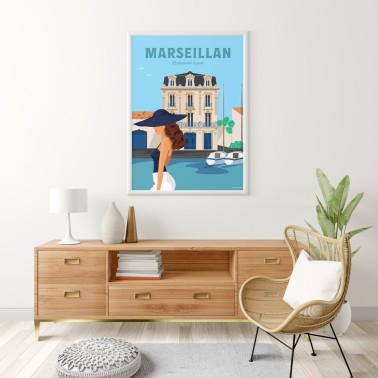 Affiche de Marseillan, le chateau du port dans des tonalités de bleus. Dessiné et imprimé dans le Sud de la France.